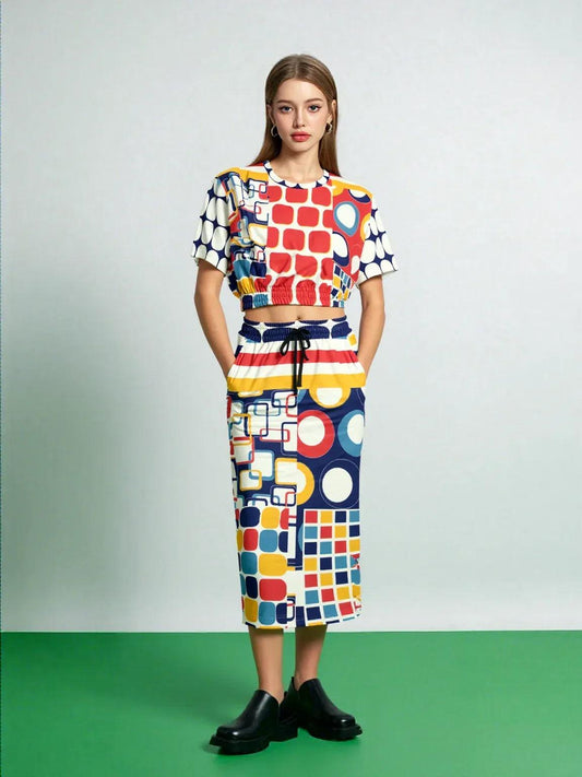 Primary Skool Geometric Print Eco-Poly Long Maxi Skirt