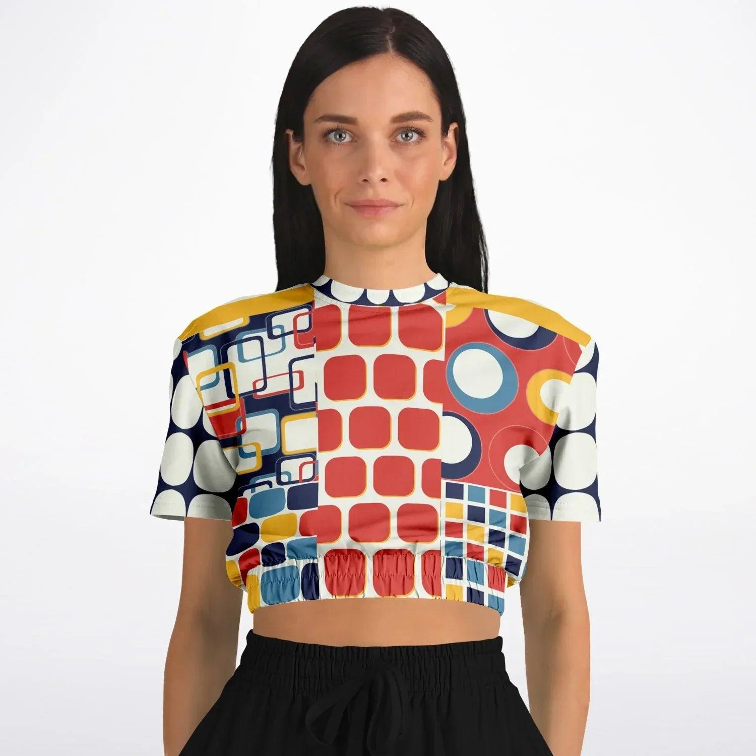 Primary Skool Geo Print Eco-Poly Short Sleeve Cropped Pullover