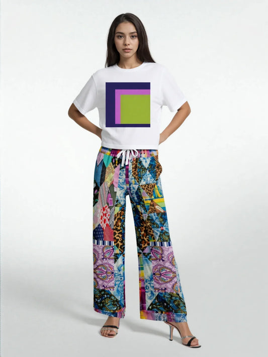 Gypsy Queen Juxtapose Purple Patchwork Quilt Eco-Poly Wide Leg Pants