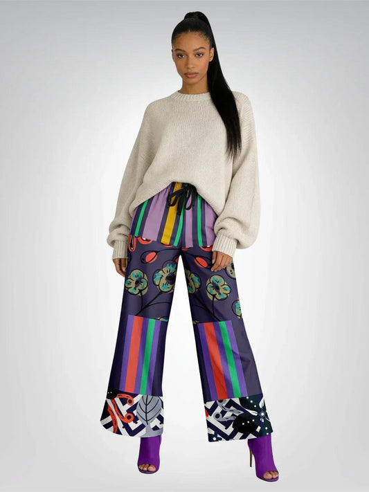 Purple Flurry Floral Stripe Eco-Poly Wide Leg Pants
