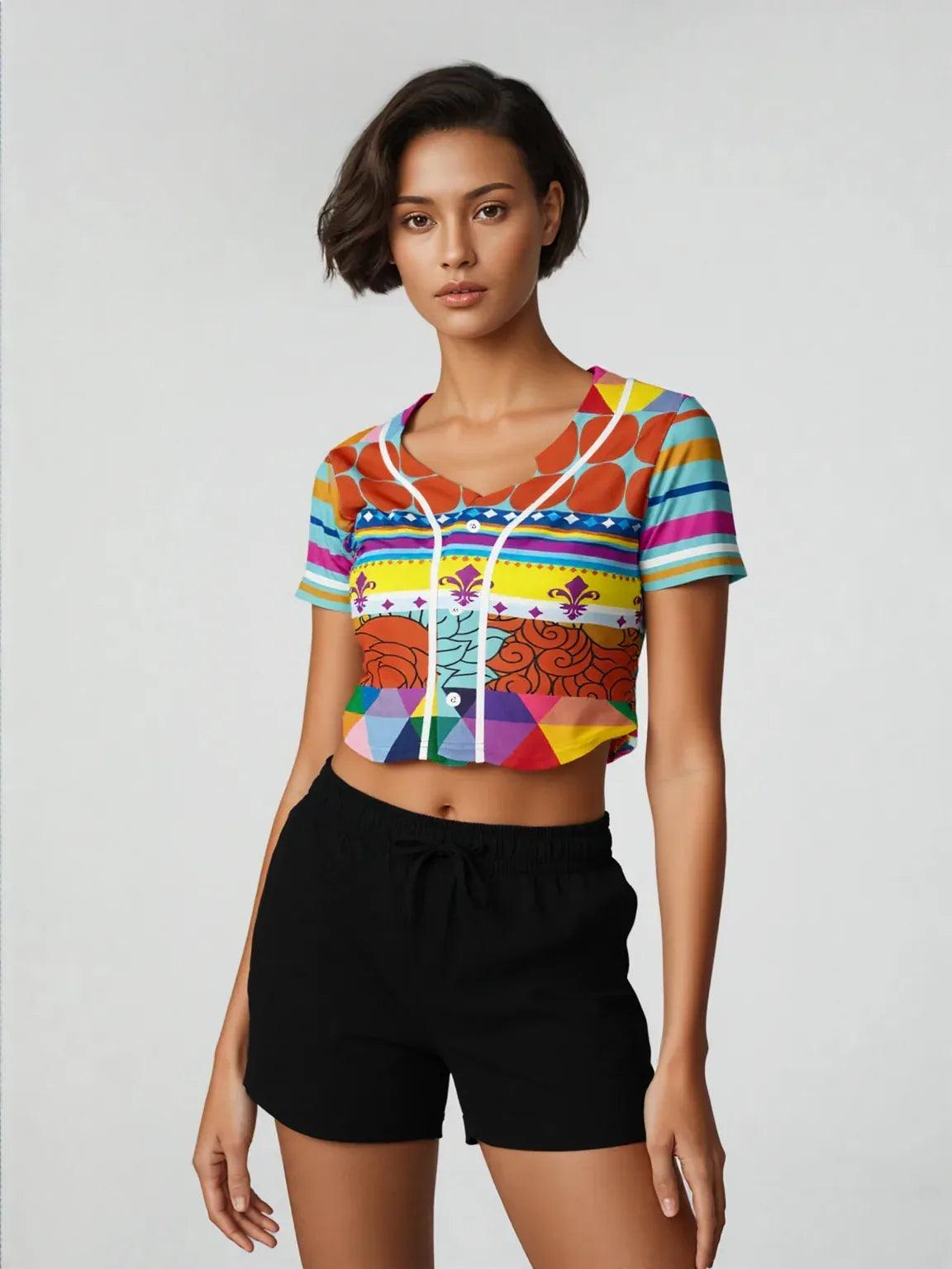Queenie Floral Stripe Hippie Eco-Poly Cropped Baseball Jersey