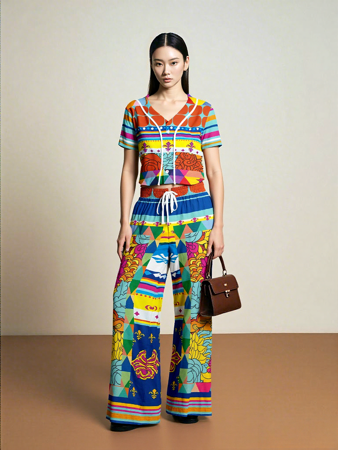 Queenie Hippie Floral Stripe Eco-Poly Wide Leg Pants