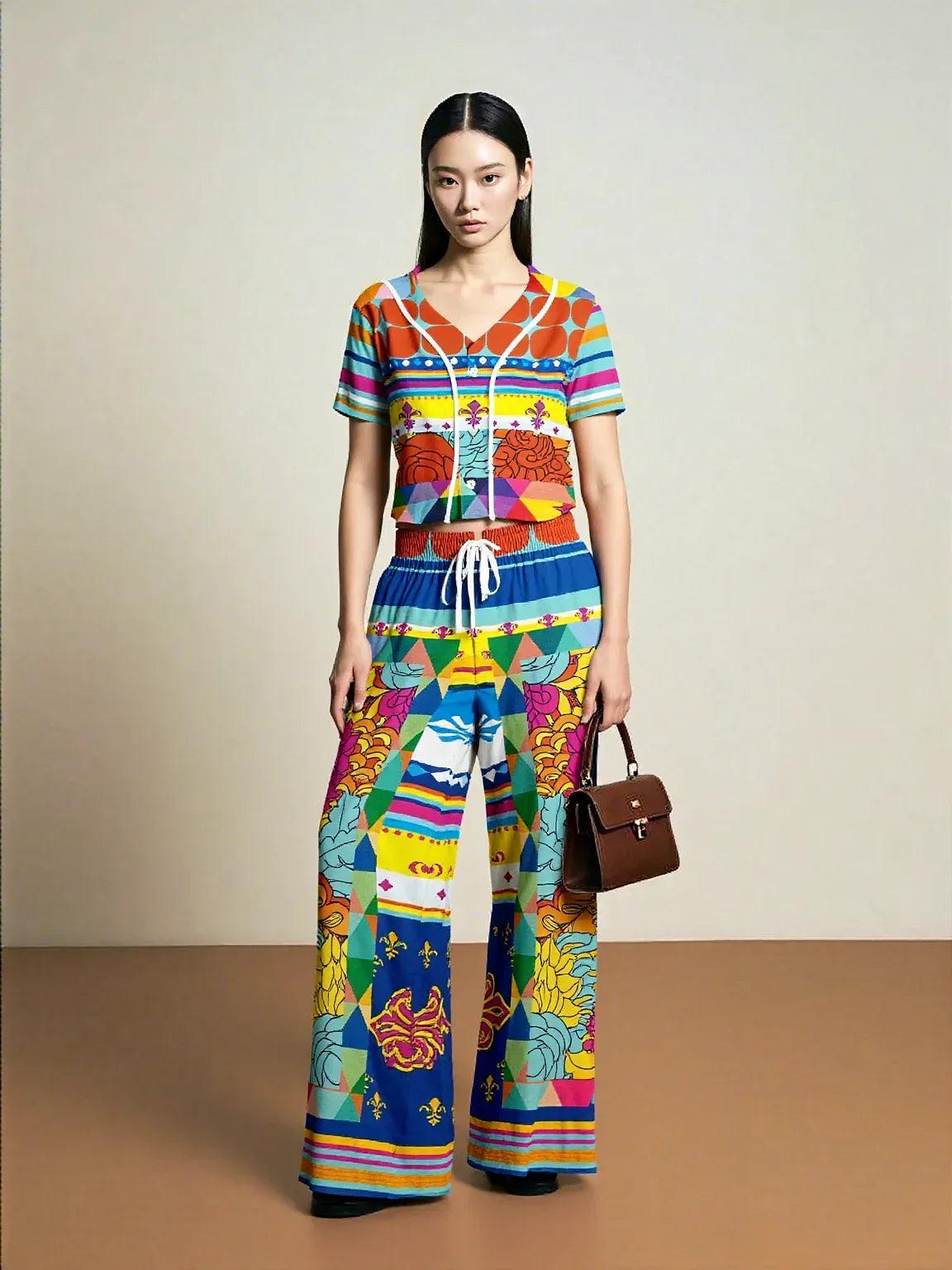 Queenie Hippie Floral Stripe Eco-Poly Wide Leg Pants