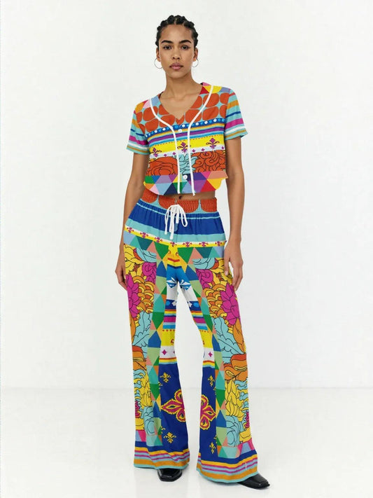 Queenie Hippie Floral Stripe Eco-Poly Wide Leg Pants
