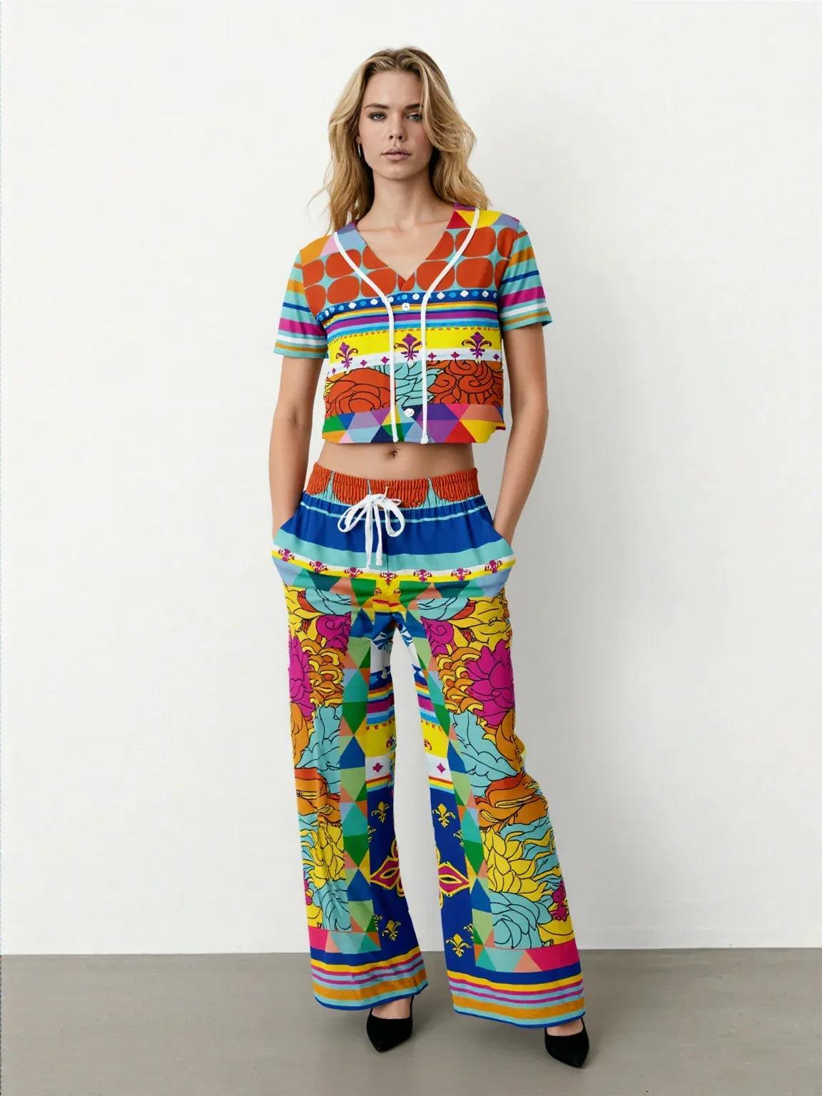 Queenie Hippie Floral Stripe Eco-Poly Wide Leg Pants