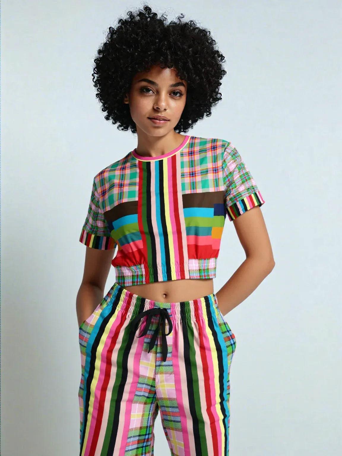 Rainbow Elephant Pink Plaid Rugby Stripe Eco-Poly Short Sleeve Cropped Pullover