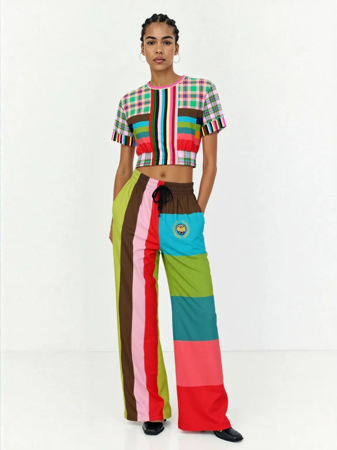 Rainbow Elephant Pink Plaid Rugby Stripe Eco-Poly Short Sleeve Cropped Pullover