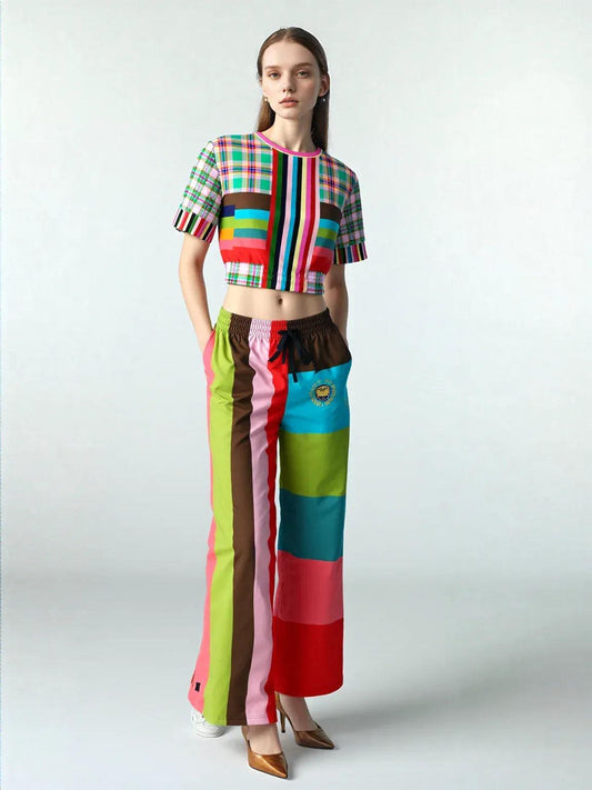 Rainbow Elephant Pink Plaid Rugby Stripe Eco-Poly Short Sleeve Cropped Pullover