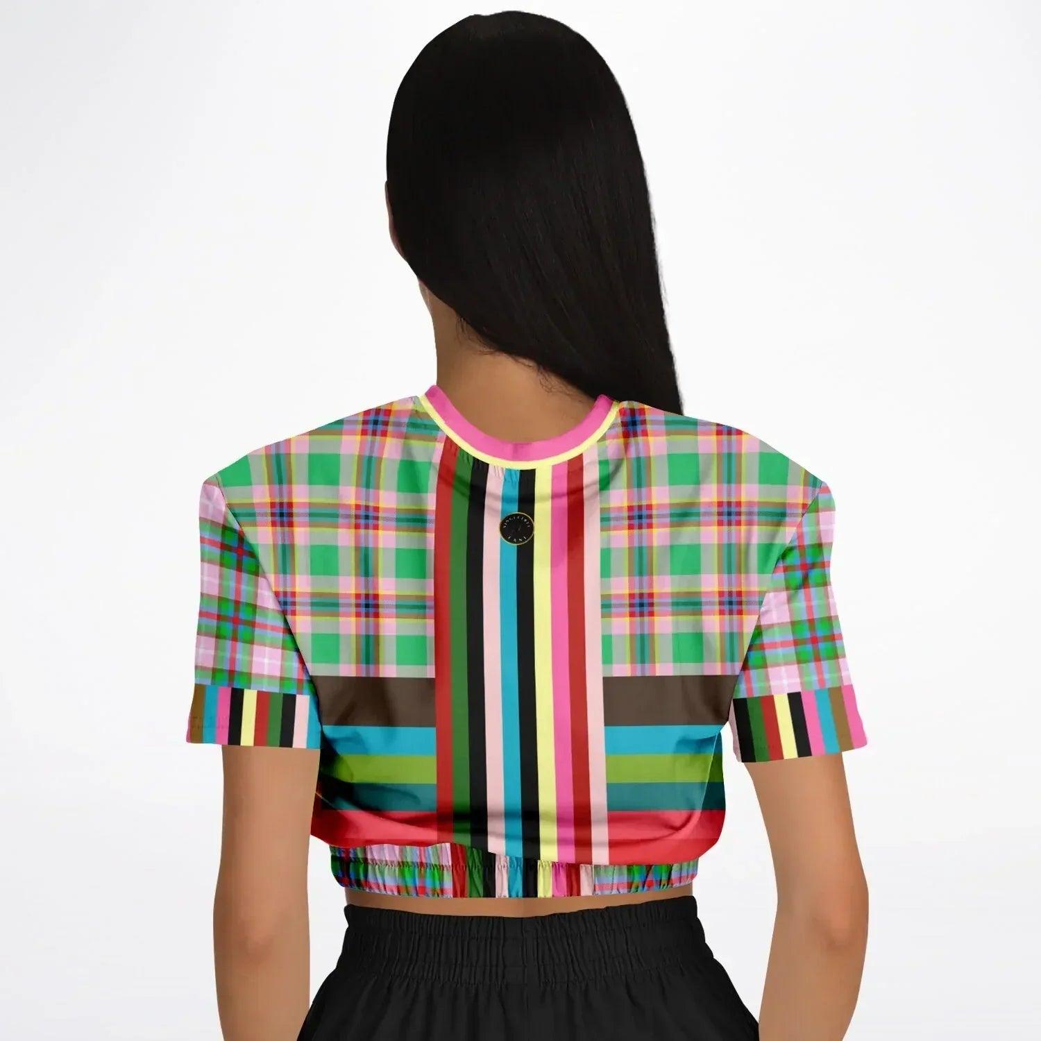 Rainbow Elephant Pink Plaid Rugby Stripe Eco-Poly Short Sleeve Cropped Pullover