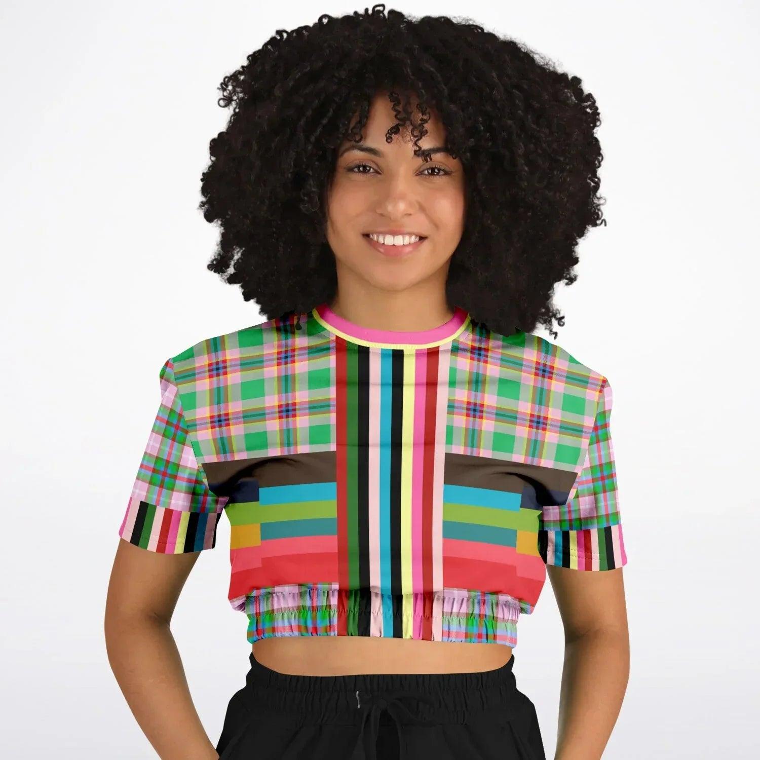 Rainbow Elephant Pink Plaid Rugby Stripe Eco-Poly Short Sleeve Cropped Pullover