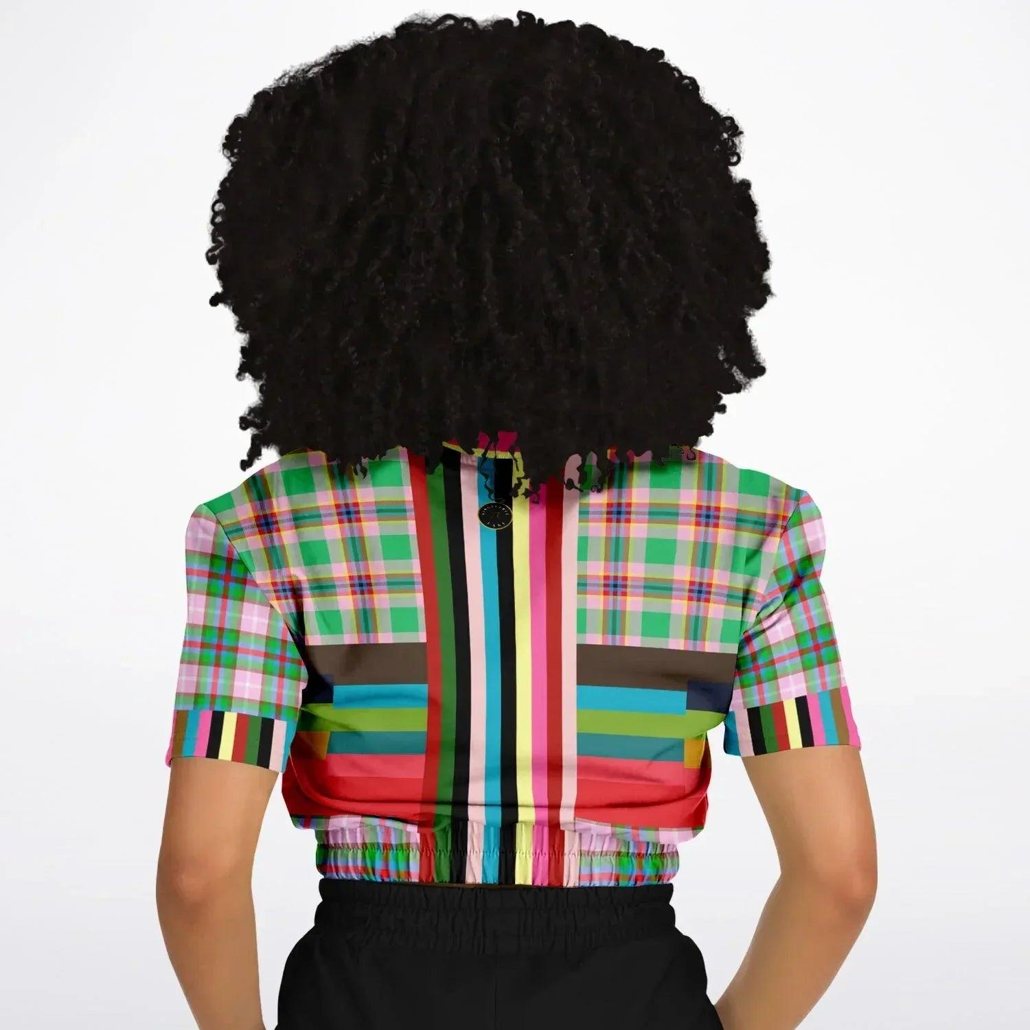 Rainbow Elephant Pink Plaid Rugby Stripe Eco-Poly Short Sleeve Cropped Pullover
