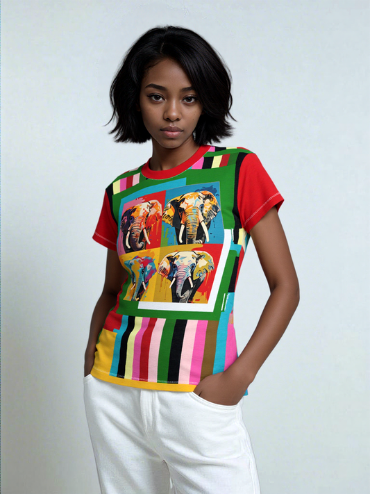 Rainbow Elephant Stripe AOP Women's Tee