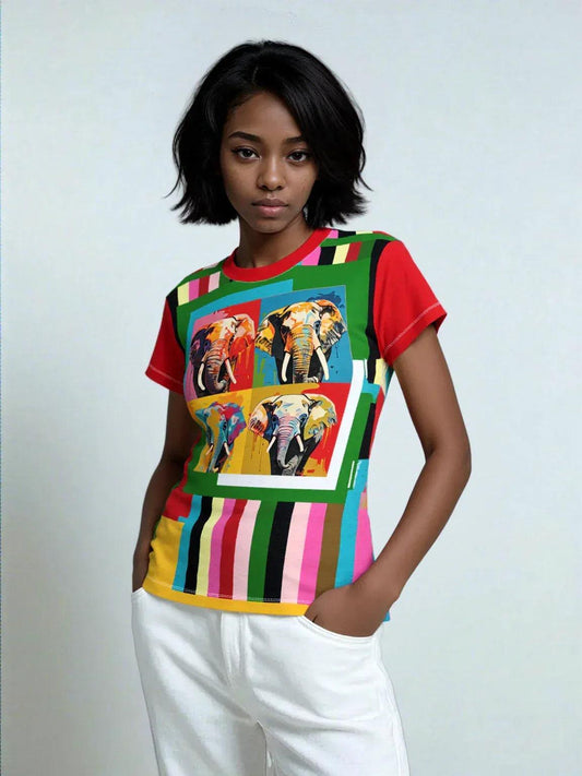 Rainbow Elephant Stripe AOP Women's Tee