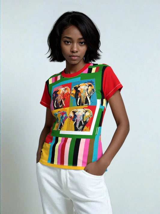Rainbow Elephant Stripe AOP Women's Tee