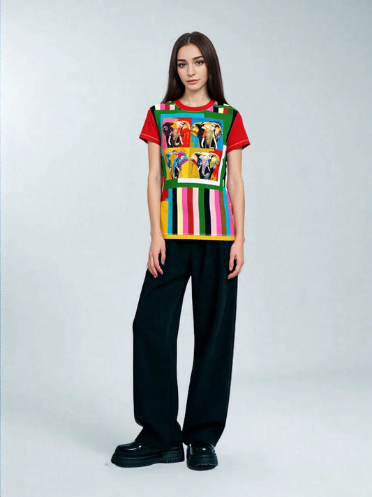 Rainbow Elephant Stripe AOP Women's Tee