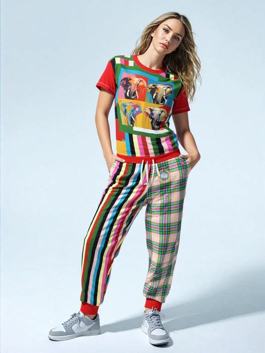 Rainbow Elephant Rugby Stripe Plaid Eco-Poly Unisex Joggers