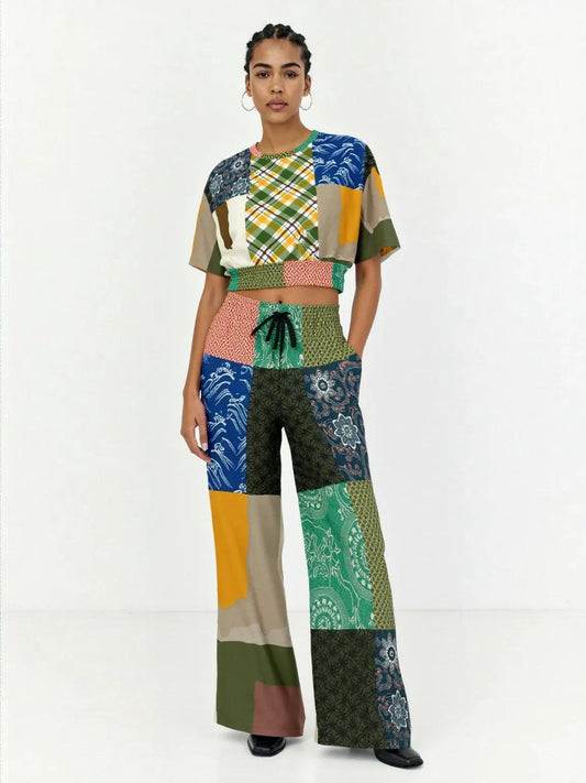 Razzamatazz Vintage Patchwork Eco-Poly Short Sleeve Cropped Pullover