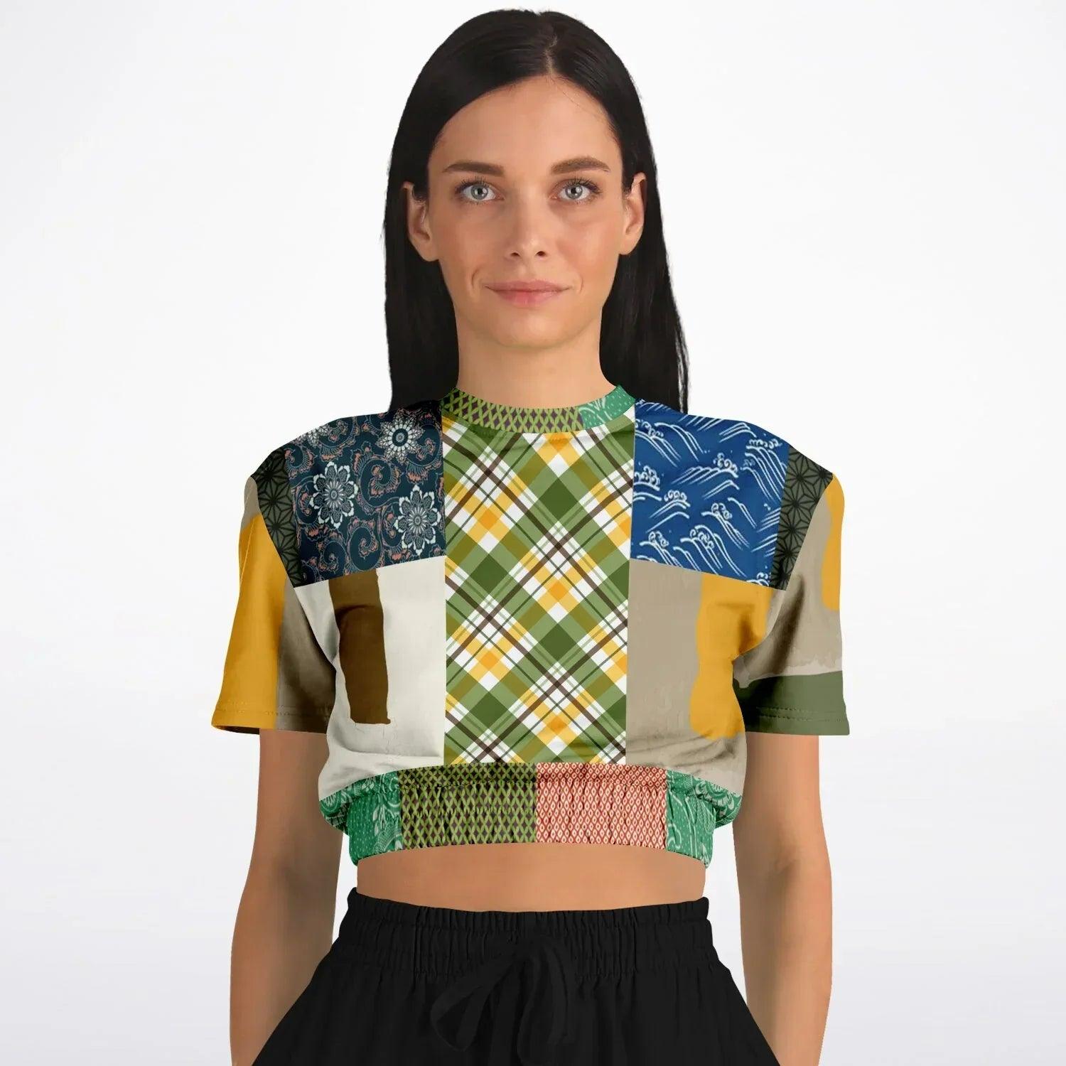 Razzamatazz Vintage Patchwork Eco-Poly Short Sleeve Cropped Pullover