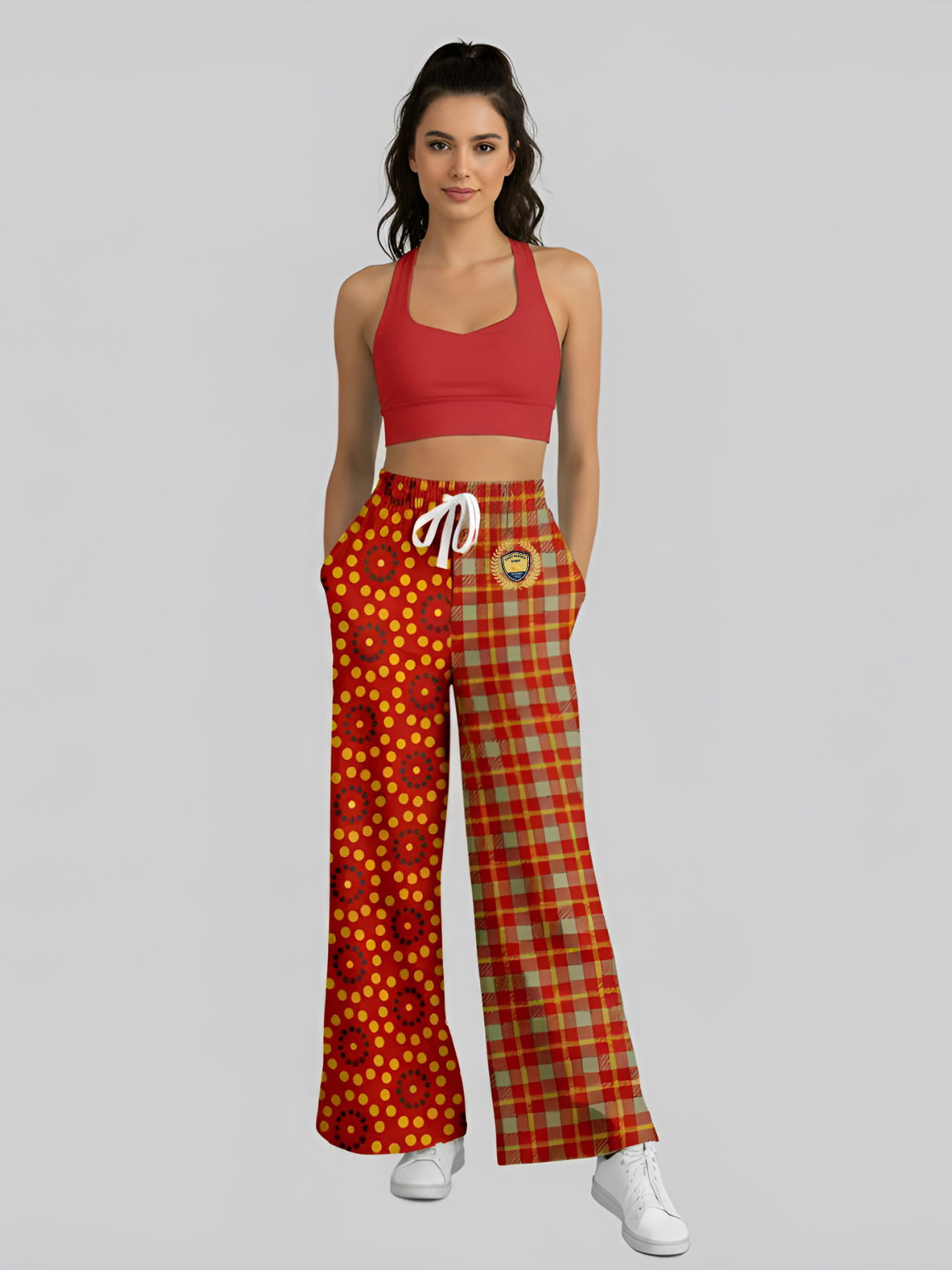 Brook with Aloes in Red Circles and Plaid Eco-Poly Wide Leg Pants
