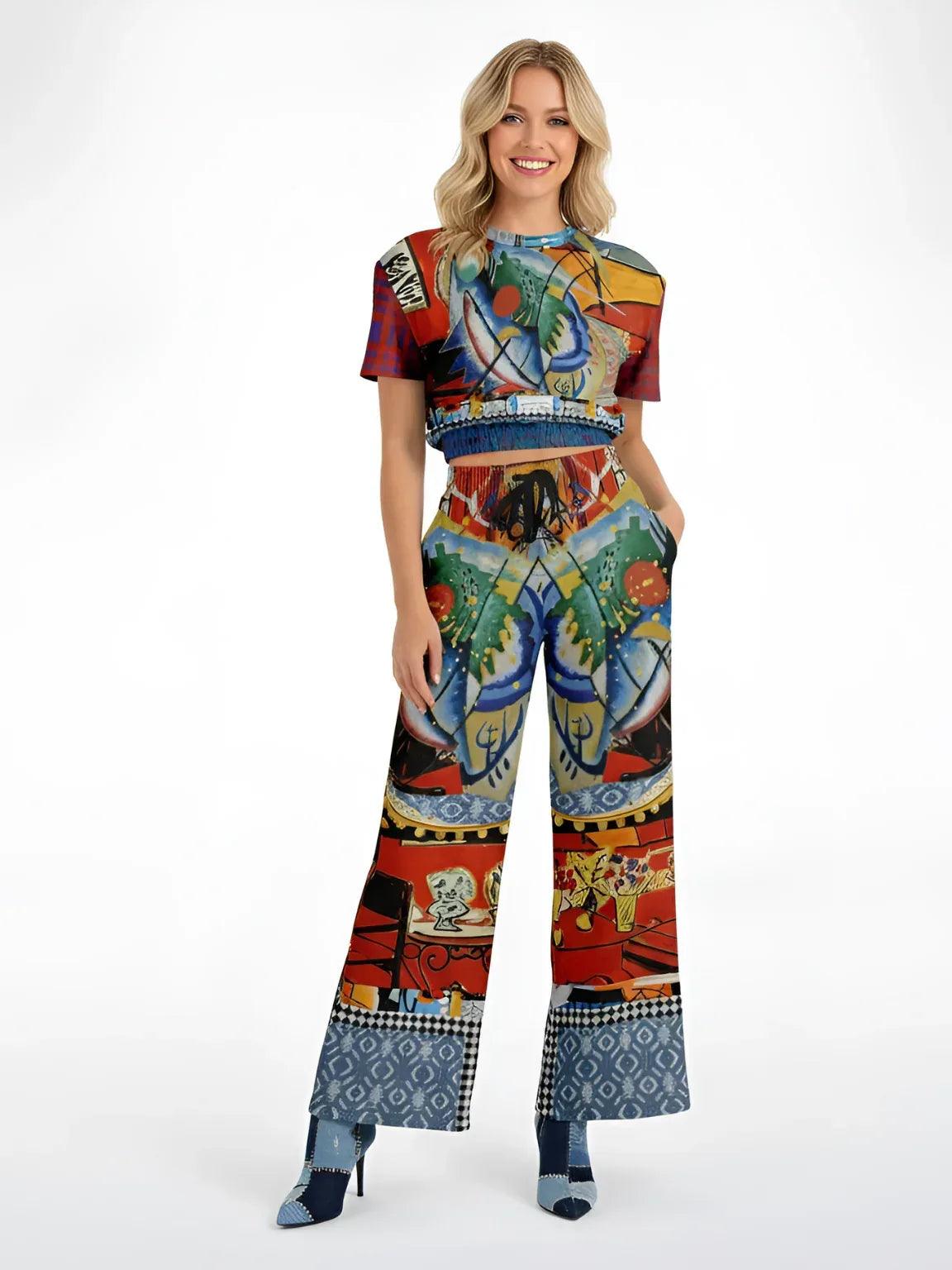 Red Oval on Gold and Denim - Kandinsky - Eco-Poly Short Sleeve Cropped Pullover
