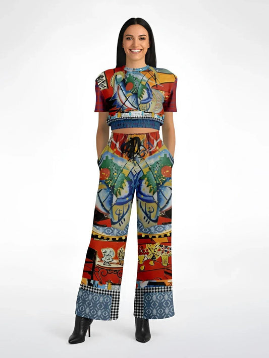 Red Oval on Gold and Denim Plate - Kandinsky - Eco-Poly Wide Leg Pants