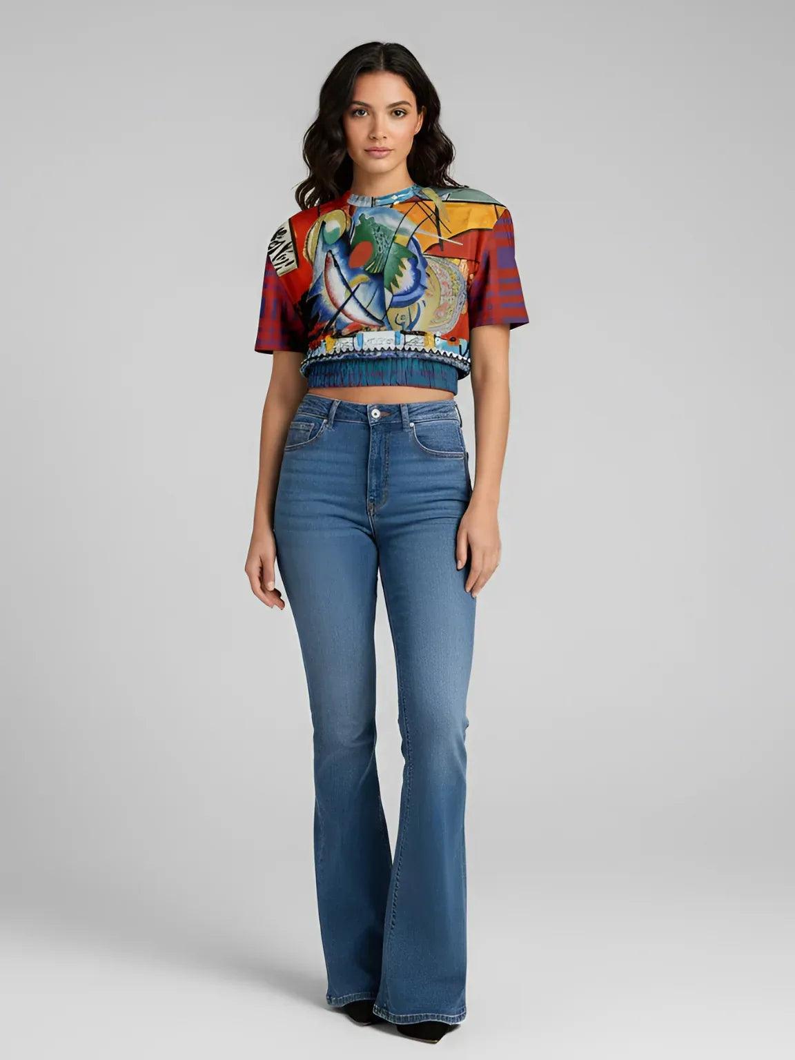 Red Oval on Gold and Denim - Kandinsky - Eco-Poly Short Sleeve Cropped Pullover