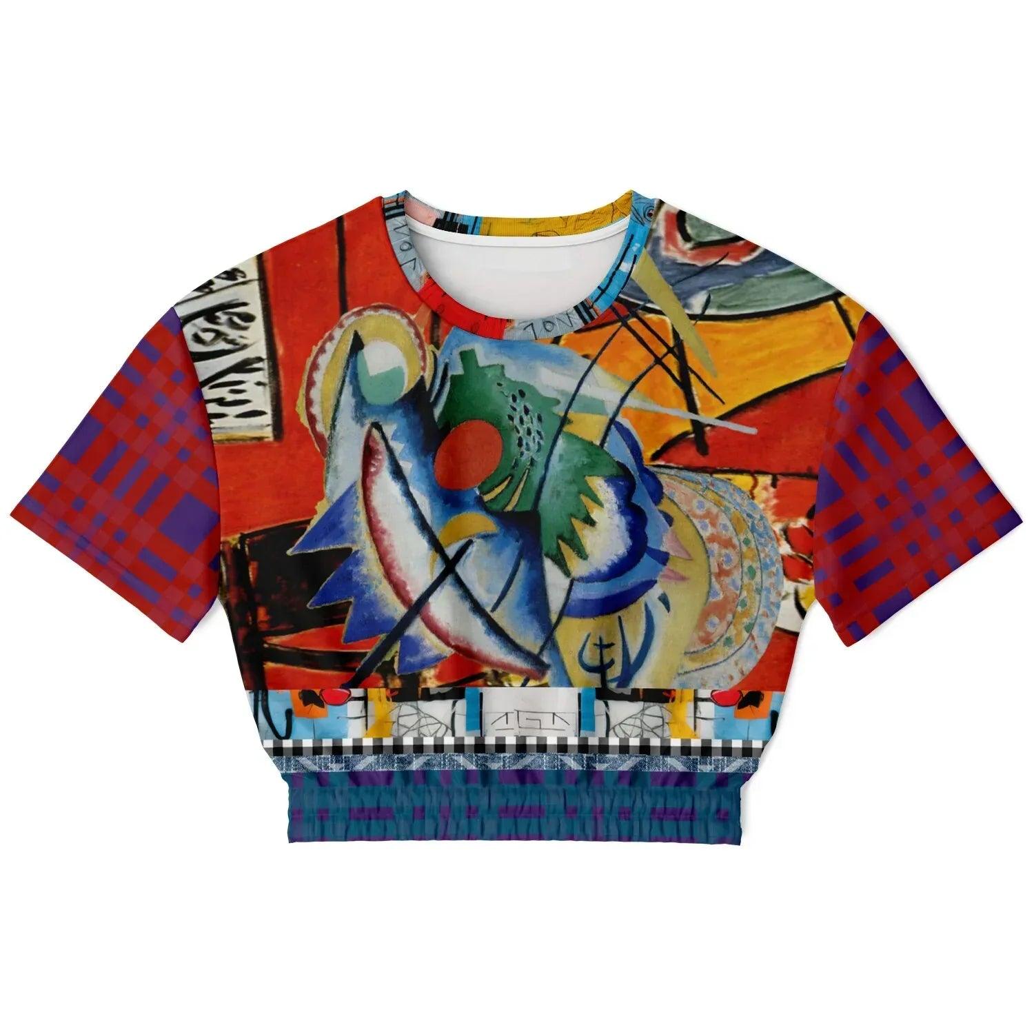 Red Oval on Gold and Denim - Kandinsky - Eco-Poly Short Sleeve Cropped Pullover