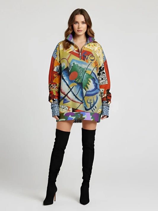 Red Oval on Gold and Denim Plate - Kandinsky - Heavyweight Oversized Quarter Zip Sweatshirt