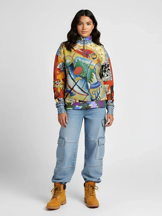 Red Oval on Gold and Denim Plate - Kandinsky - Heavyweight Oversized Quarter Zip Sweatshirt