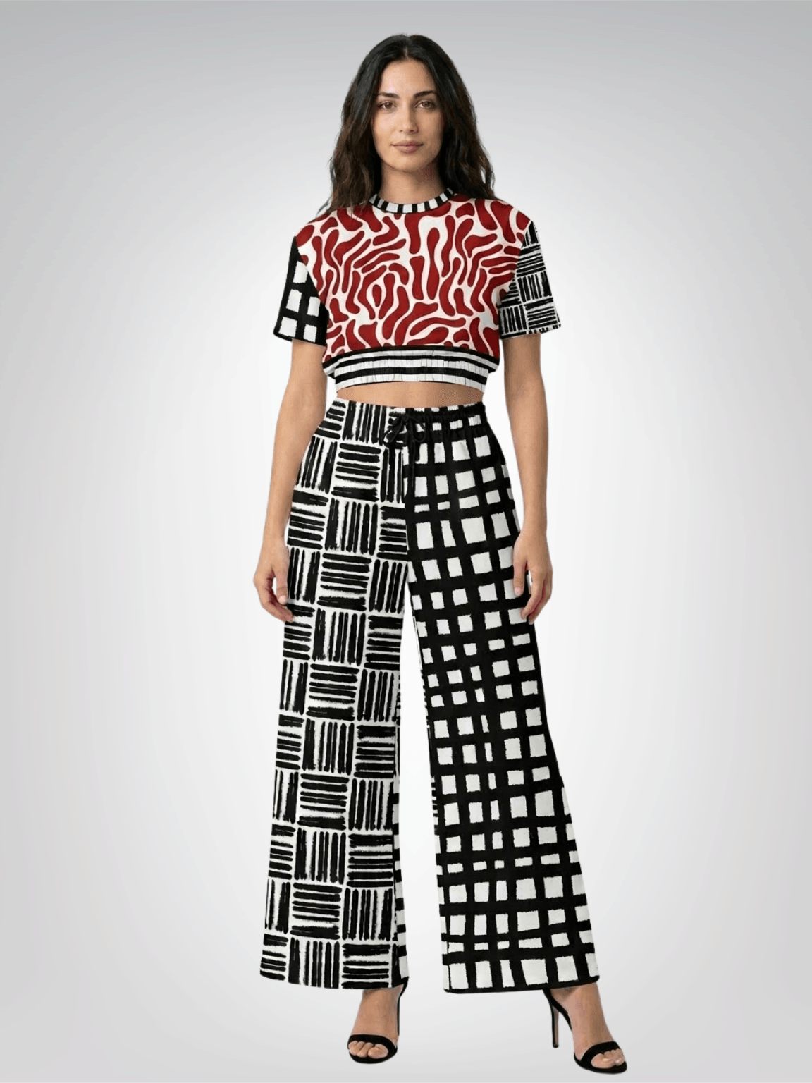 Red White Abstract Zebra in Hopscotch Eco-Poly Short Sleeve Cropped Pullover