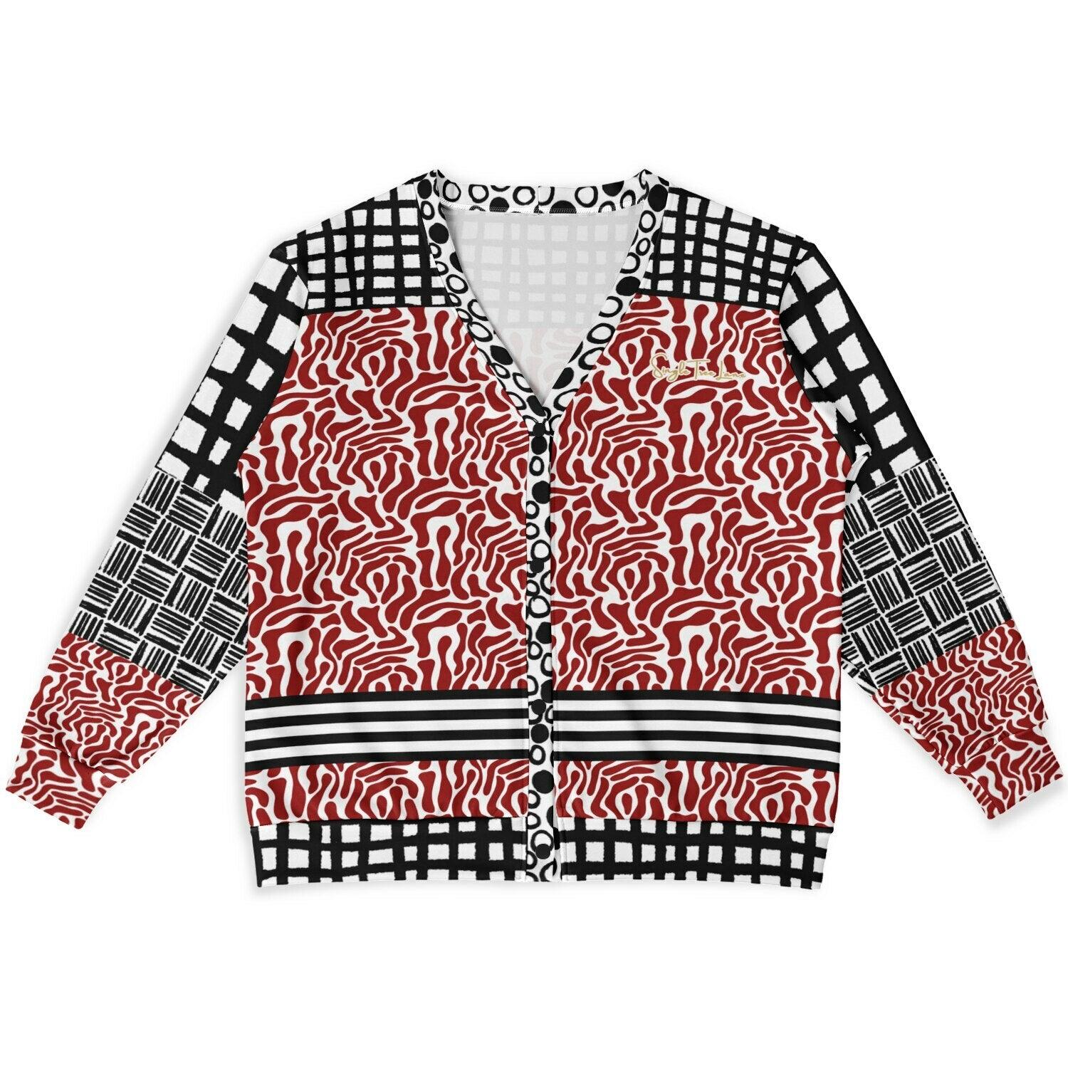 Red White Abstract Zebra in Hopscotch Heavyweight Unisex Cardigan