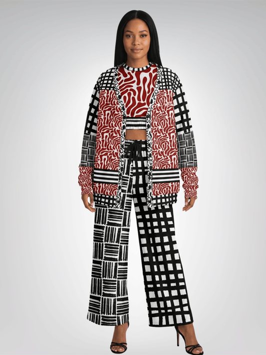 Red White Abstract Zebra in Hopscotch Heavyweight Unisex Cardigan