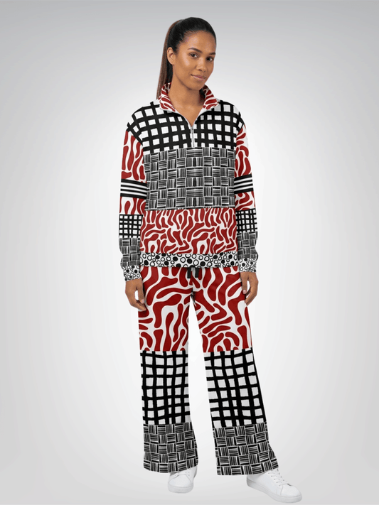 Red White Abstract Zebra in Hopscotch Eco-Poly Wide Leg Pants