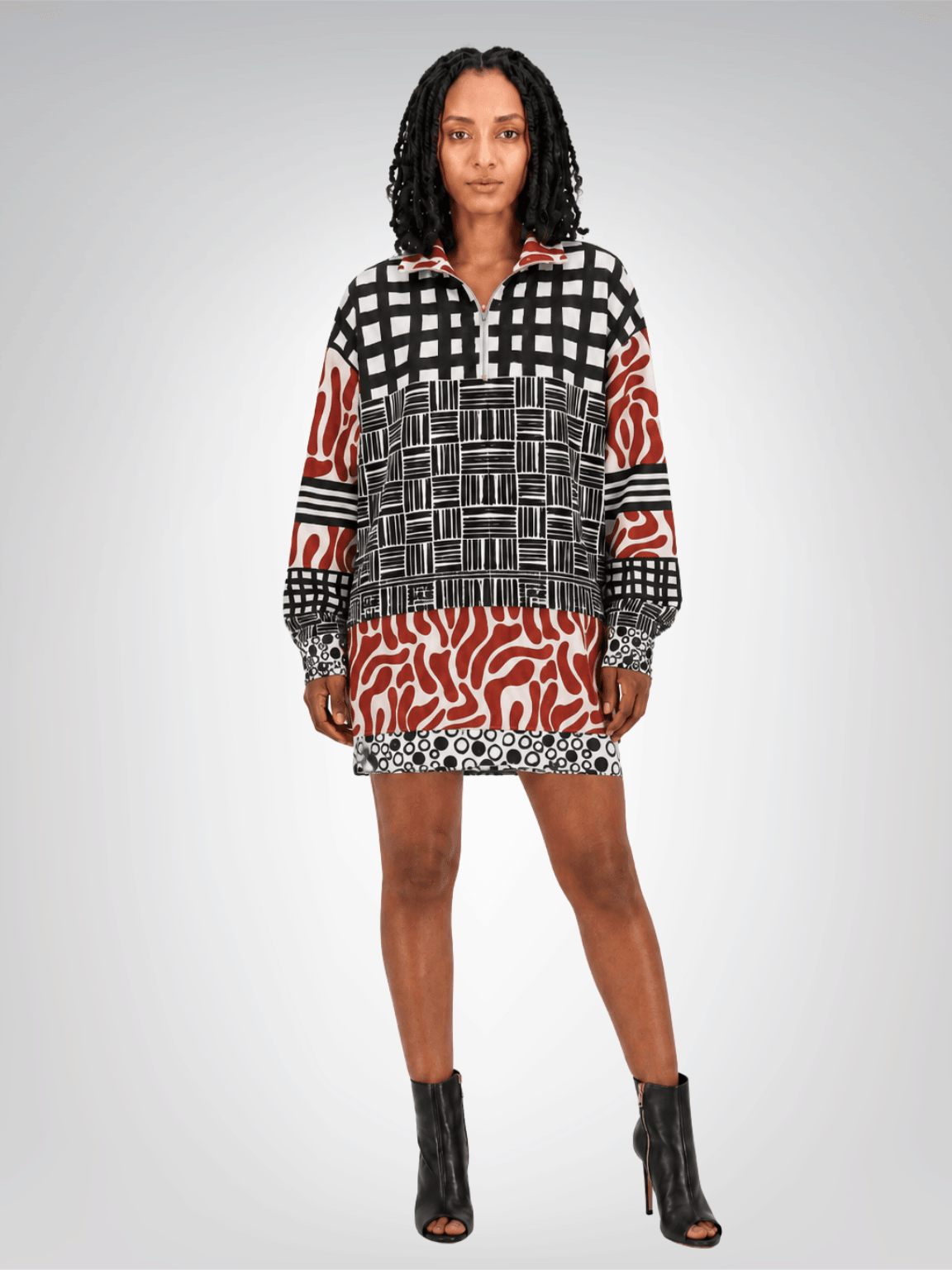 Red White Abstract Zebra in Hopscotch Heavyweight Oversized Quarter Zip Sweatshirt