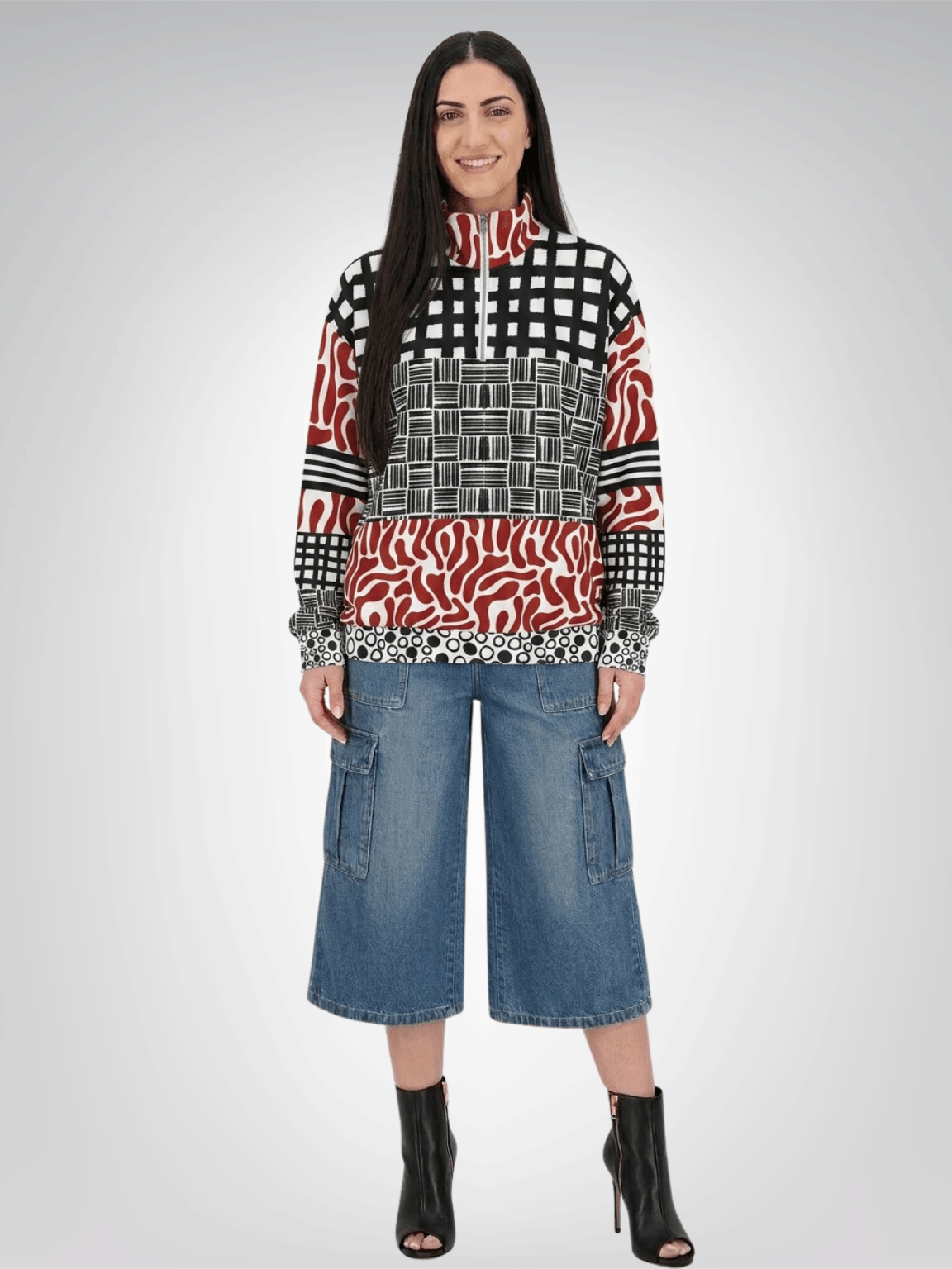 Red White Abstract Zebra in Hopscotch Heavyweight Oversized Quarter Zip Sweatshirt