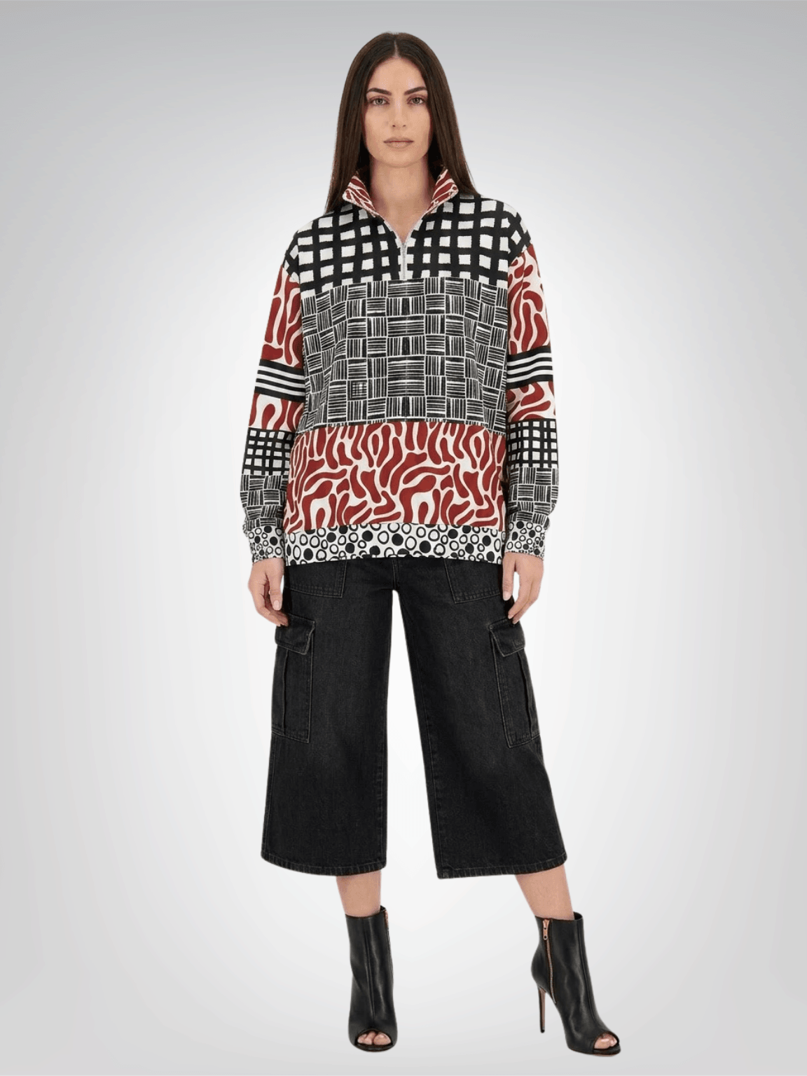 Red White Abstract Zebra in Hopscotch Heavyweight Oversized Quarter Zip Sweatshirt