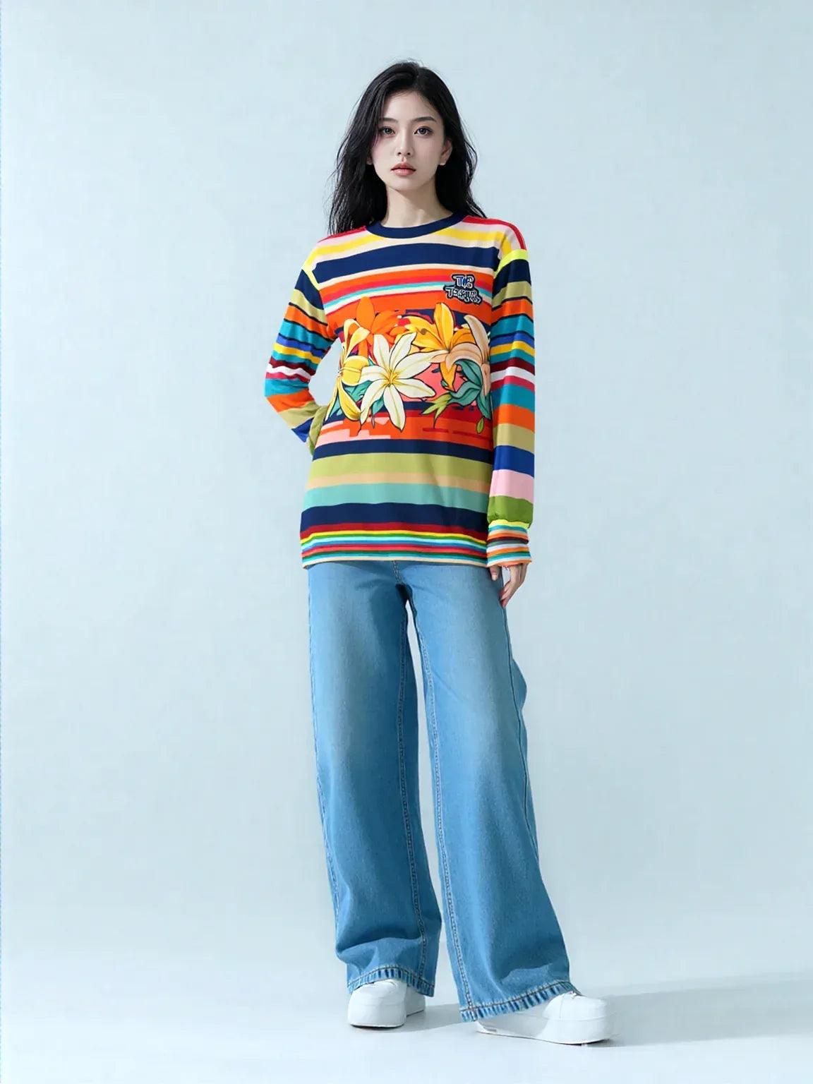 Retro Hawaiian Plumeria Rugby Stripe Unisex Sweatshirt (Gold Label)