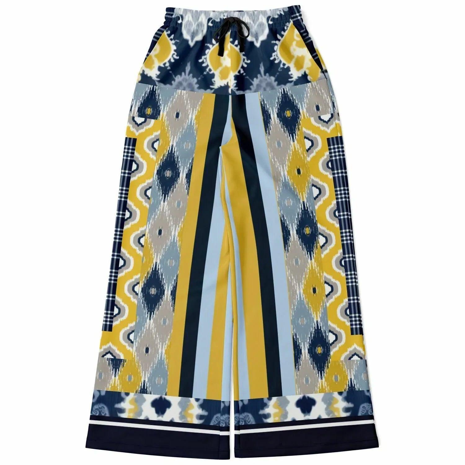 Royal Navy and Yellow Indian Batik Eco-Poly Wide Leg Joggers