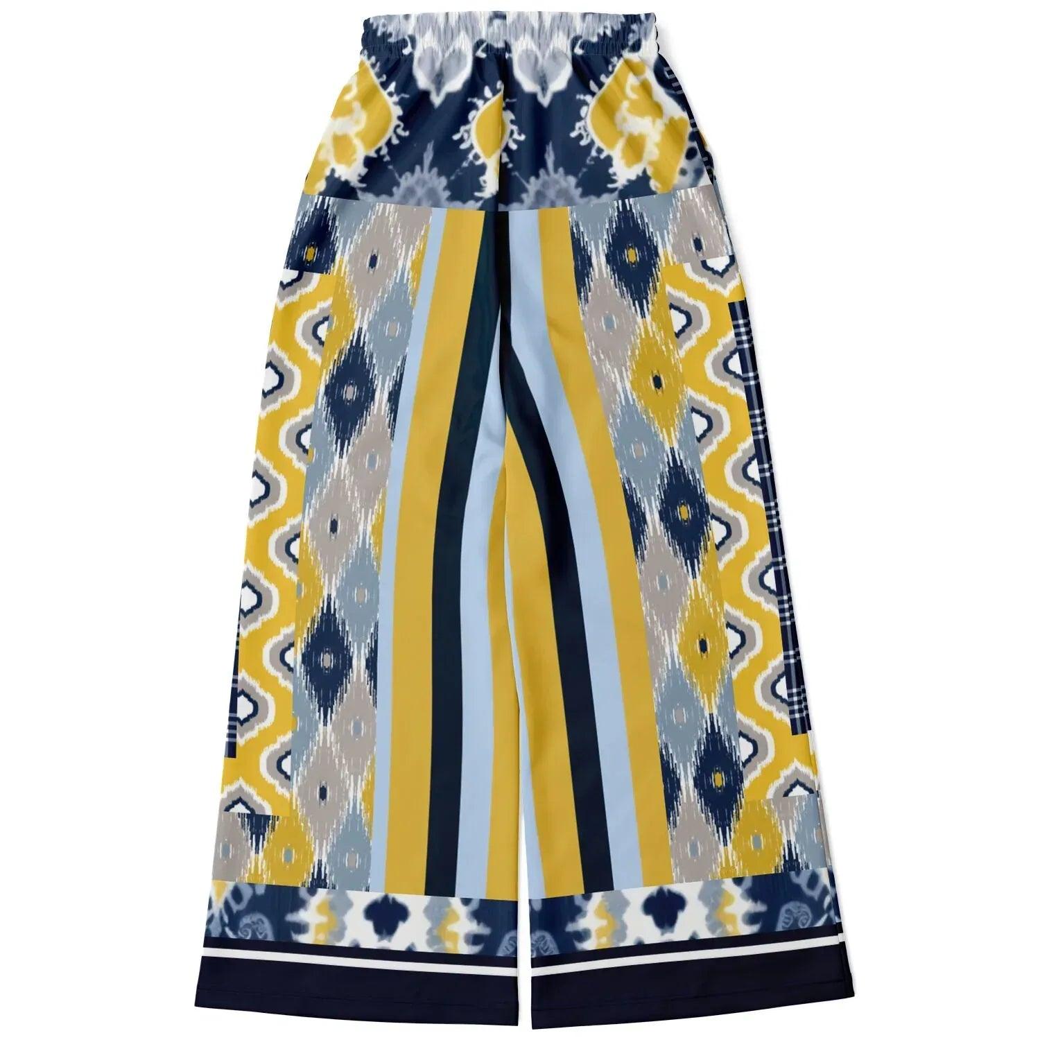 Royal Navy and Yellow Indian Batik Eco-Poly Wide Leg Joggers