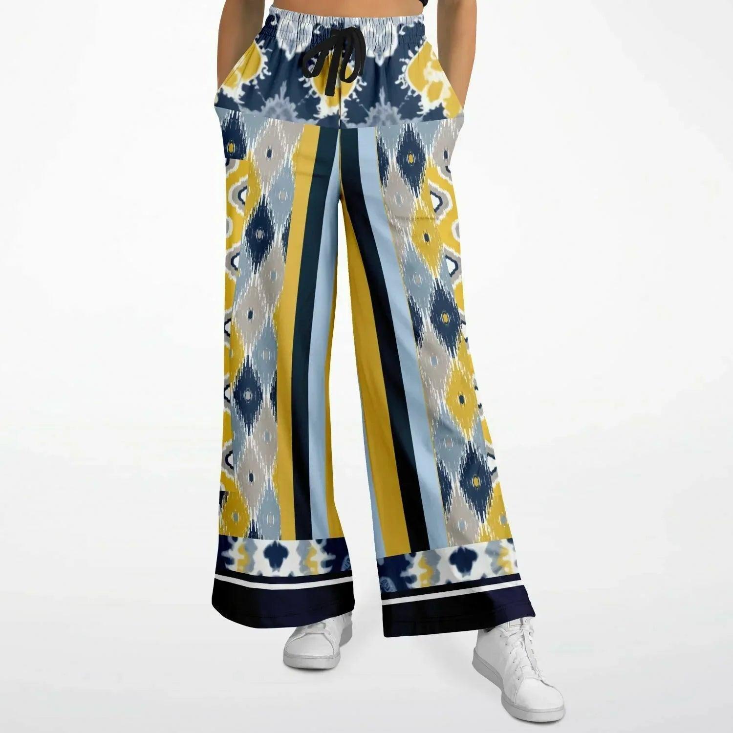 Royal Navy and Yellow Indian Batik Eco-Poly Wide Leg Joggers