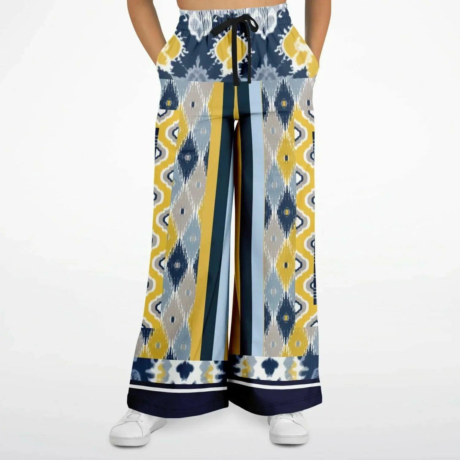 Royal Navy and Yellow Indian Batik Eco-Poly Wide Leg Joggers