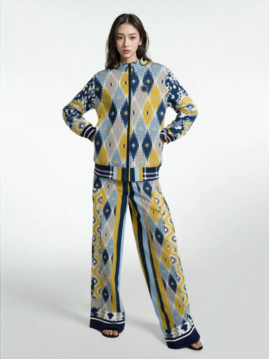 Royal Navy and Yellow Indian Batik Eco-Poly Wide Leg Joggers