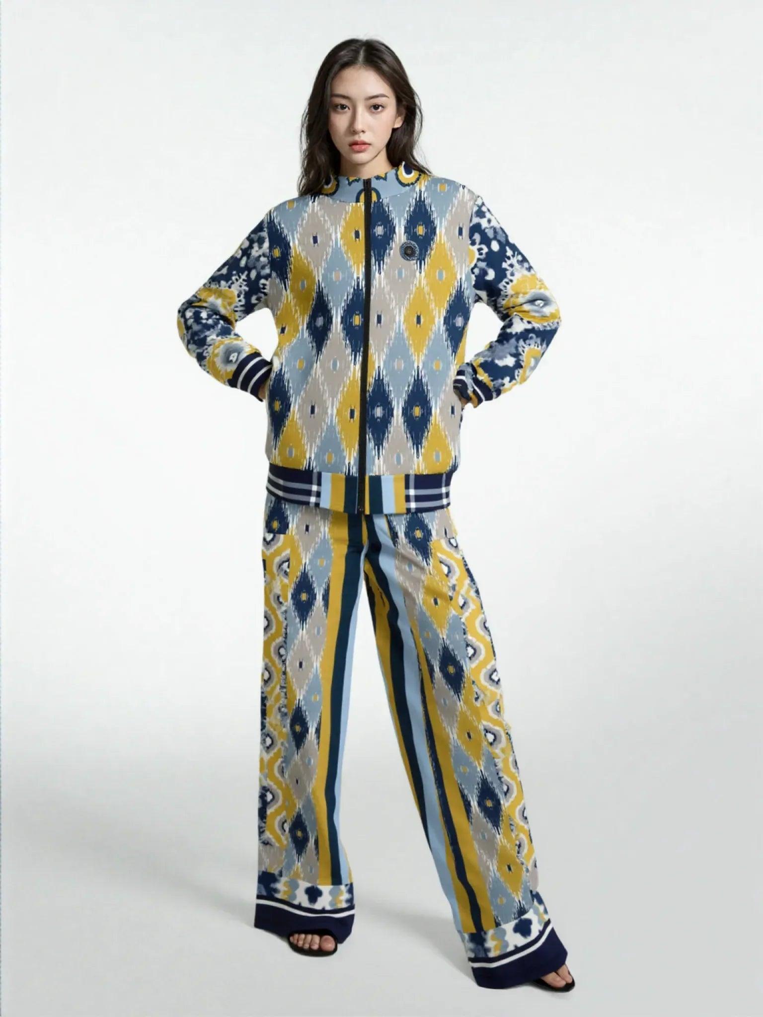 Royal Navy and Yellow Indian Batik Eco-Poly Wide Leg Joggers