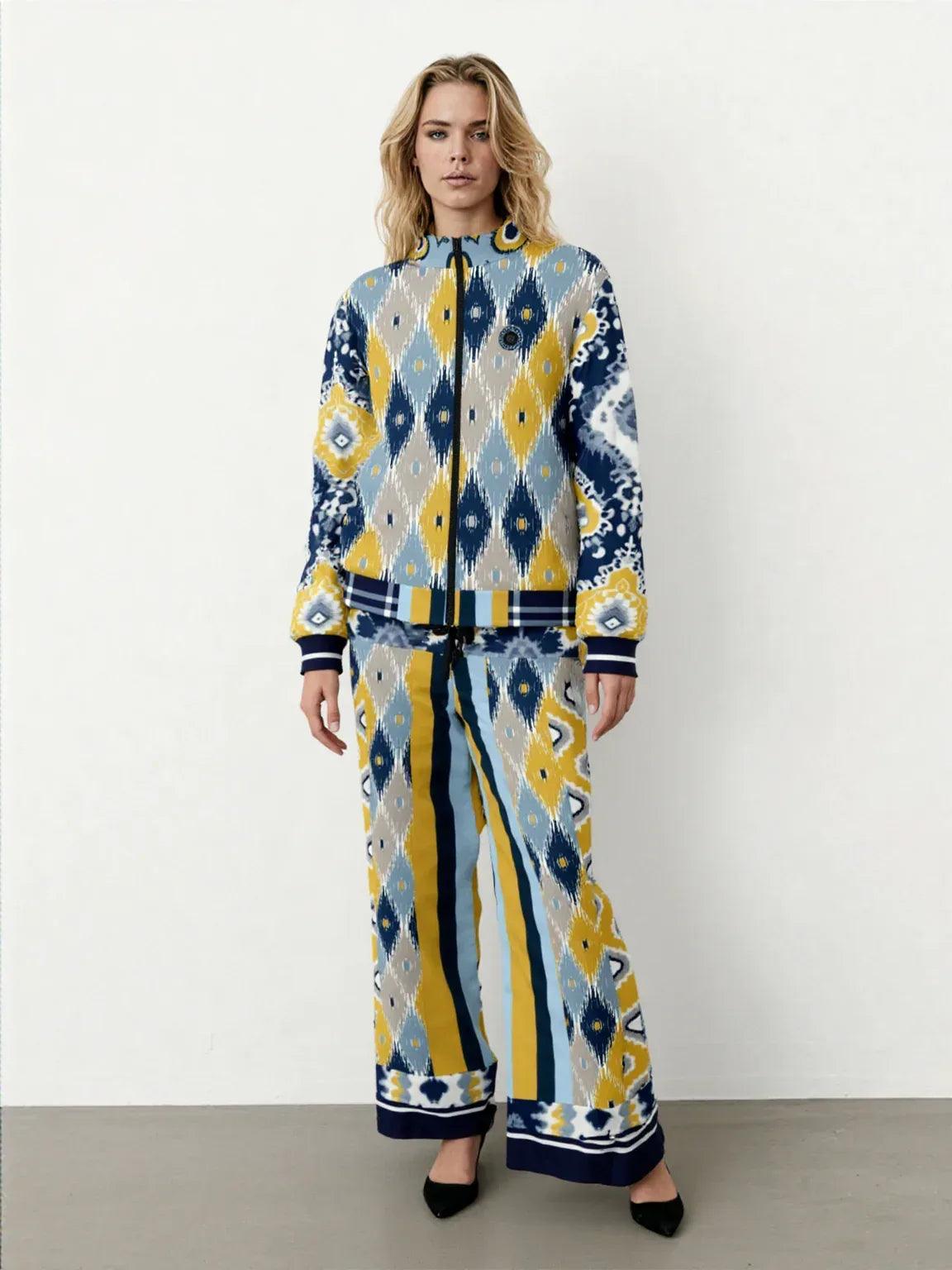 Royal Navy and Yellow Indian Batik Eco-Poly Wide Leg Joggers