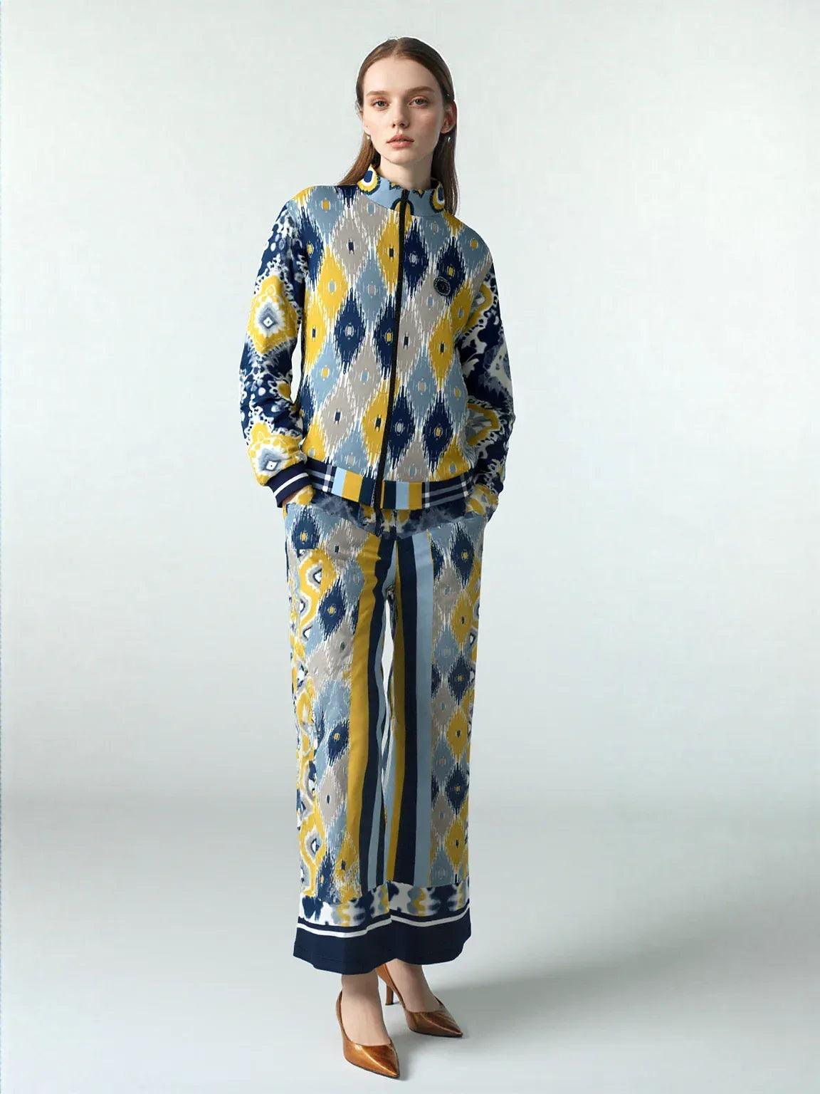 Royal Navy and Yellow Indian Batik Eco-Poly Wide Leg Joggers