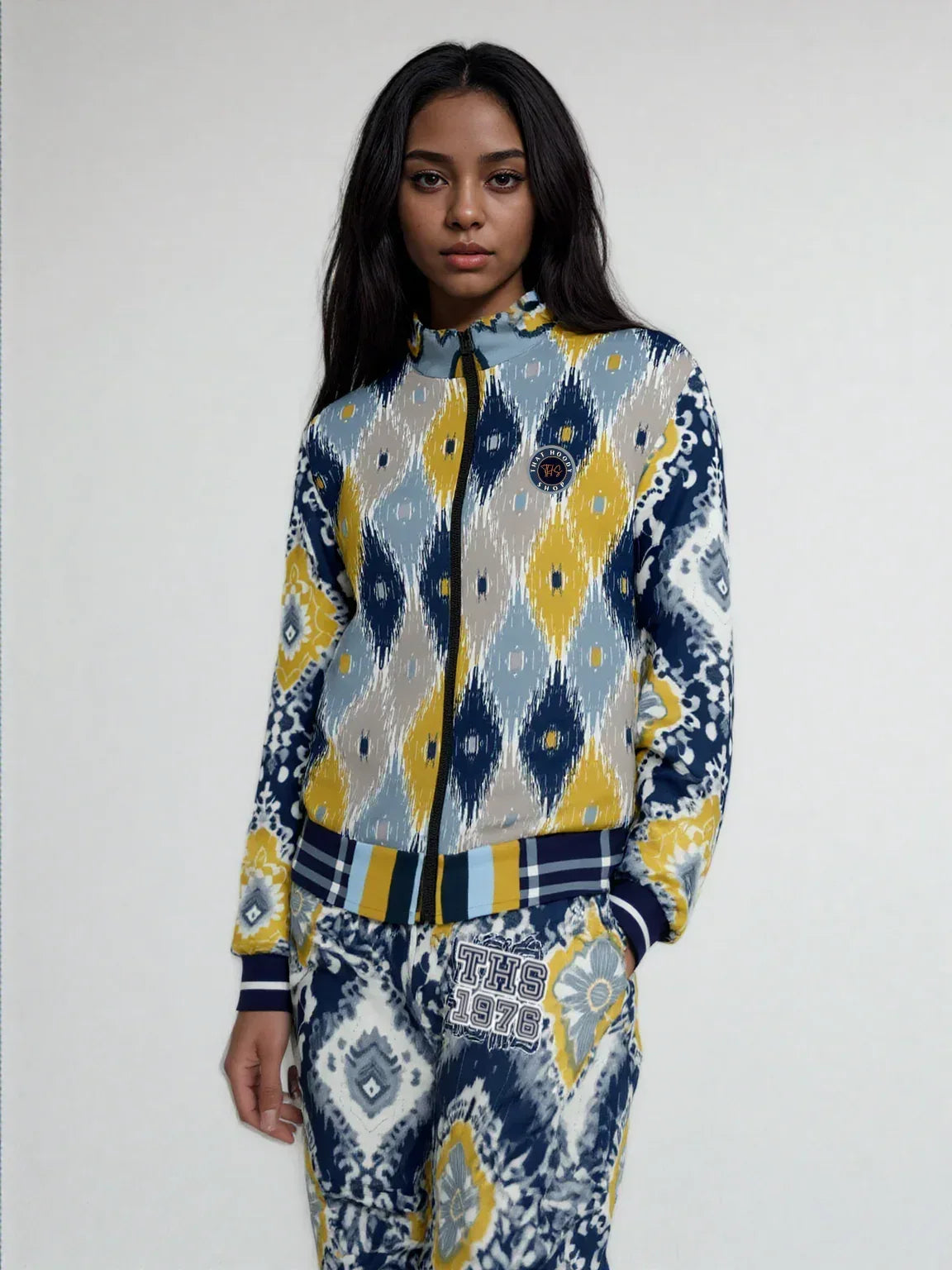 Royal Navy and Yellow Indian Batik Eco-Poly Unisex Track Jacket