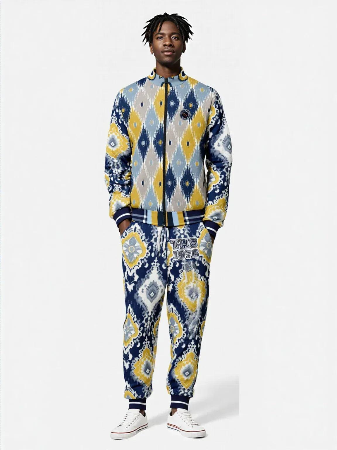 Royal Navy and Yellow Indian Batik Eco-Poly Unisex Track Jacket