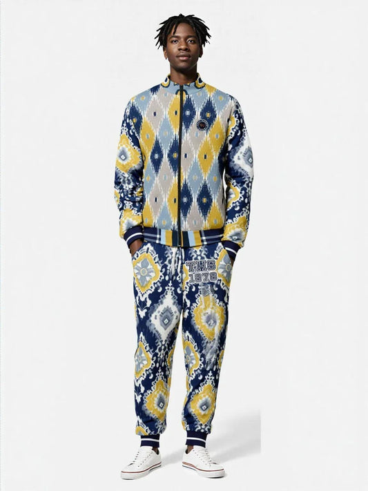 Royal Navy and Yellow Indian Batik Eco-Poly Unisex Track Jacket