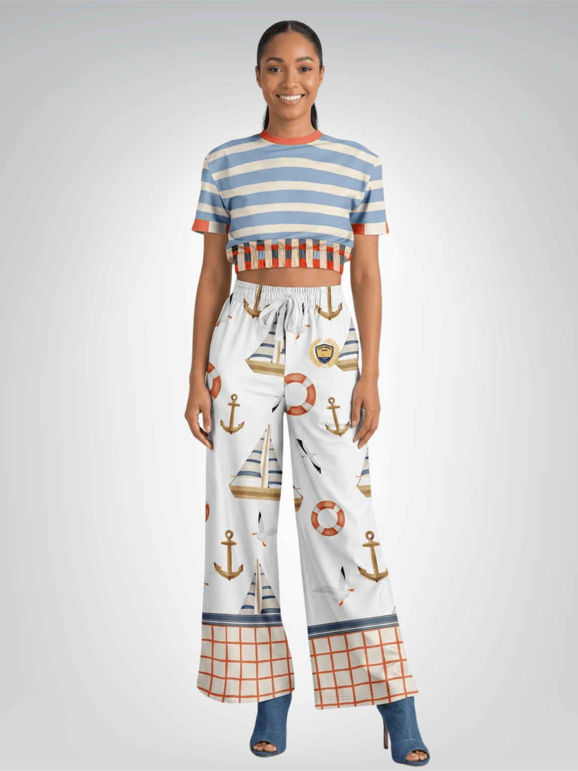 Sail Away Coastal Regatta Stripe Eco-Poly Short Sleeve Cropped Pullover