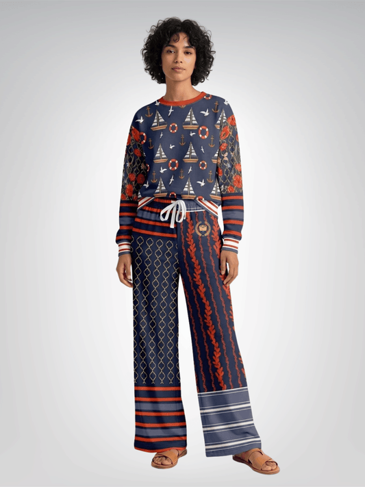 Sail Away Laurel Trellis Duo in Blue Eco-Poly Wide Leg Pants